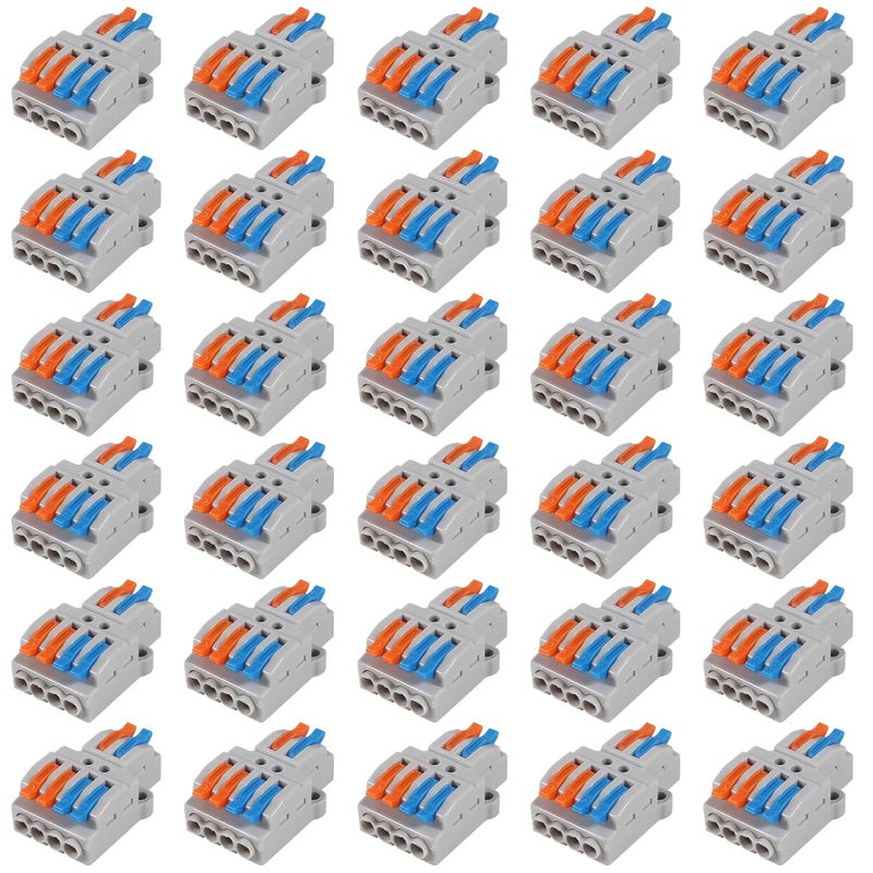 Meimom 30Pcs Lever Wire Connectors, 2 in 4 Out, Blue, Quick Connect, Nylon/Polycarbonate, Terminal Block - Image 1